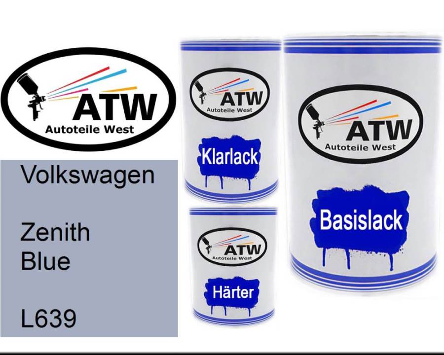 Volkswagen, Zenith Blue, L639: 500ml Lackdose + 500ml Klarlack + 250ml Härter - Set, von ATW Autoteile West.